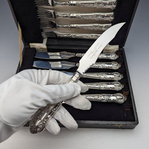 1973 British Vintage Sterling Silver Handle Steak Cutlery 6 Pair Set Boxed Harrison Brothers